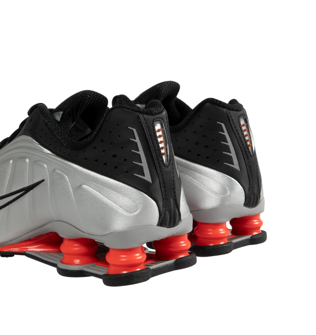 Image 3 of 5 - SILVER - Nike Shox R4 Sneakers are a lace-up style with leather uppers, synthetic overlays, perforations for breathability, cushioned collars, Shox cushioning, and rubber outsoles.  