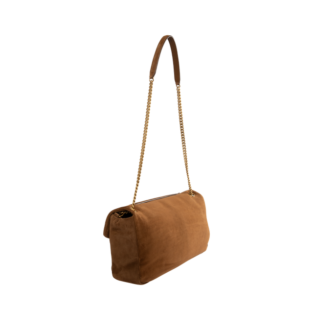 Image 3 of 4 - BROWN - SAINT LAURENT Calypso XXL Bag featuring envelope flap, padded suede, sliding curb-chain strap, grosgrain lining, bronze-tone hardware, magnetic closure and one zip pocket. 15" x 8.3" x 3.9". Calfskin. Made in Italy. 
