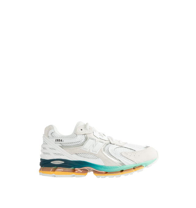 Image 1 of 5 - WHITE - New Balance Unisex 1954R Sneakers feature a Reflection, White, and Bright Mint upper inspired by the 2002 and 1906 models, combining breathable mesh with synthetic and pig suede overlays. ABZORB midsole cushioning absorbs impact through cushioning and compression resistance, while a traditional lace-up closure provides an adjustable fit. Upper: Synthetic, Mesh, and Pig Suede. Closure: Lace-Up. *Unisex style in men's sizing. 