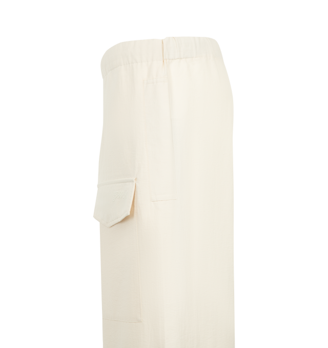 Image 3 of 3 - NEUTRAL - JW Anderson Women's Parachute Track Pants in ivory textured cotton nylon. Inspired by vintage Swedish utility trousers, in a relaxed fit. A wide leg silhouette with ties at the bottom, features leg pockets with concealed fastenings. Finished with a horn button fly and logo embroidery details. Composition 89% Cotton; 11% Polyamide. Made in Italy. 