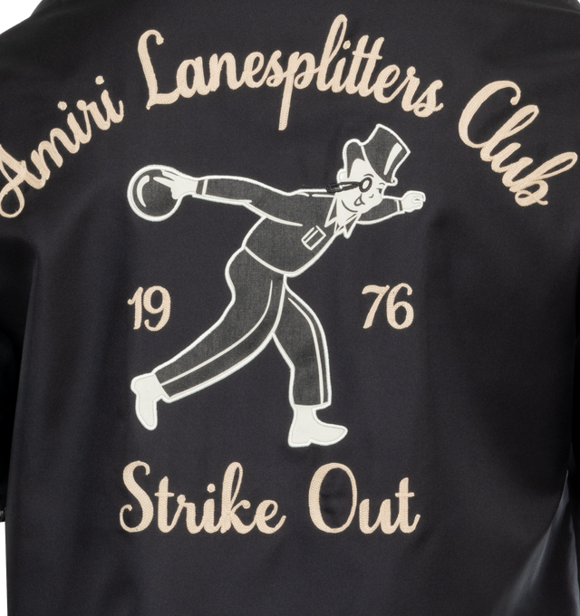 Image 4 of 4 - BLACK - AMIRI Lanesplitters Bowling Shirt featuring cuban collar, short sleeves, button front, logo embroidered on front and graphic logo on back. 100% silk. Made in Italy. 