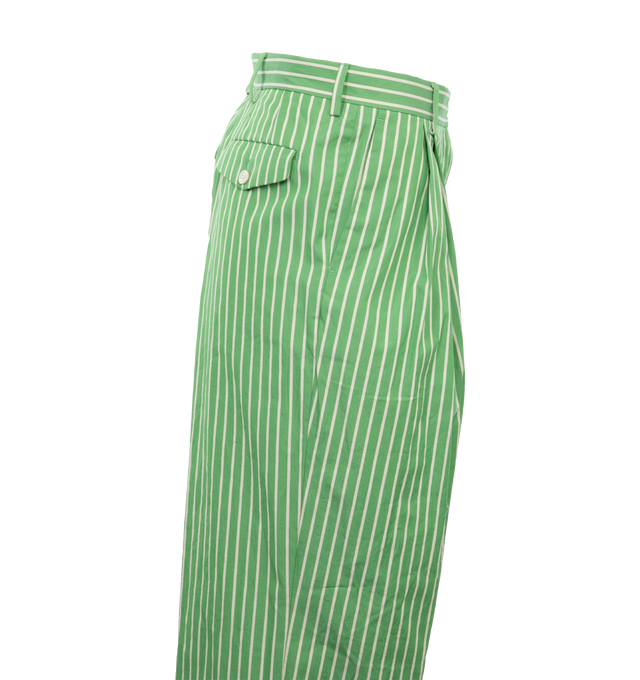 Image 3 of 4 - GREEN - DRIES VAN NOTEN Striped Trousers featuring two side slit pockets, two back flap pockets, concealed zip and hook closure, belt loops and cuffed hem. 100% cotton.  