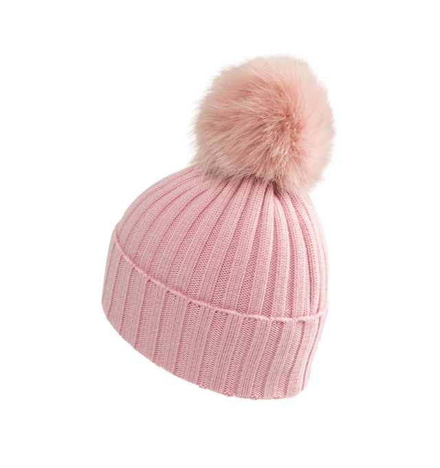 Image 2 of 2 - PINK - Moncler Wool Beanie with Pom Pom features an English rib-knitting and logo at front and embellished with a faux fur pom pom. Designed to provide warmth, this heavy knit beanie for women adds the finishing touch to cold-weather looks. 100% virgin wool . 