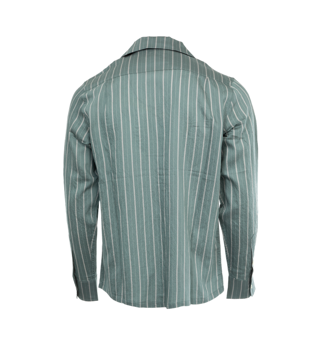 Image 2 of 4 - GREEN - LITE YEAR Camp Collar Shirt featuring button up closure, camp collar, button cuffs, long sleeves and stripes throughout. 86% CLY / 14% PL. 