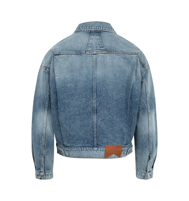 Image 2 of 2 - BLUE - RHUDE Denim Jacket featuring leather back patch, twin patch pockets, side pockets at front, and custom Rhude button closures. 100% cotton. 