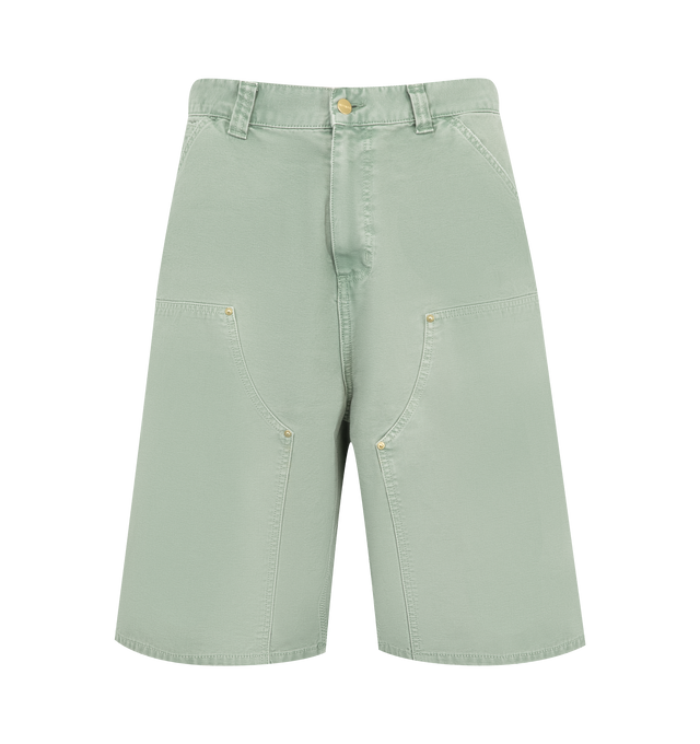 Image 1 of 3 - GREEN - Carhartt WIP Mens OG Double Knee Shorts are crafted from heavyweight Dearborn canvas with a distressed washed finish. Feature a wide fit with a regular waist, double-layer knees, tool pockets, hammer loop, triple stitching, bartack stitching and rivets at stress points, zip fly, and woven Square Label. Main Material: 100% Organic Cotton Canvas. Made in Tunisia. 