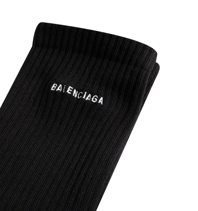 Image 2 of 2 - BLACK - Balenciaga Logo Socks are crafted from a cotton-blend fabric and feature a high-sock silhouette, breathable construction, and ribbed finishes for a secure, comfortable fit. Main Material: 75% Cotton, 23% Polyamide, 2% Elastane. Embroidery: 100% Polyester. Fit: Regular. Details: Embroidered Balenciaga Logo. 