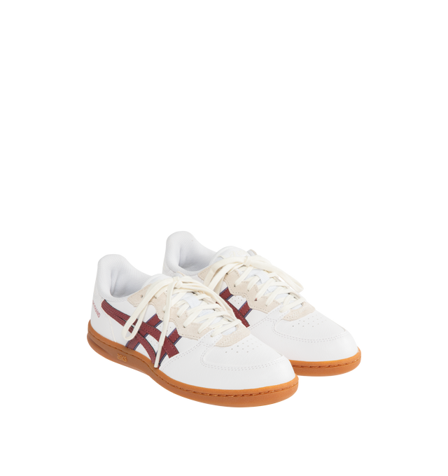 Image 2 of 5 - WHITE - ASICS Skyhand OG Sneakers featuring calf suede, logo-embellished side panels, logo-embroidered tongue, embroidered logo to the rear, round toe, front lace-up fastening, EVA midsole and flat rubber sole. 