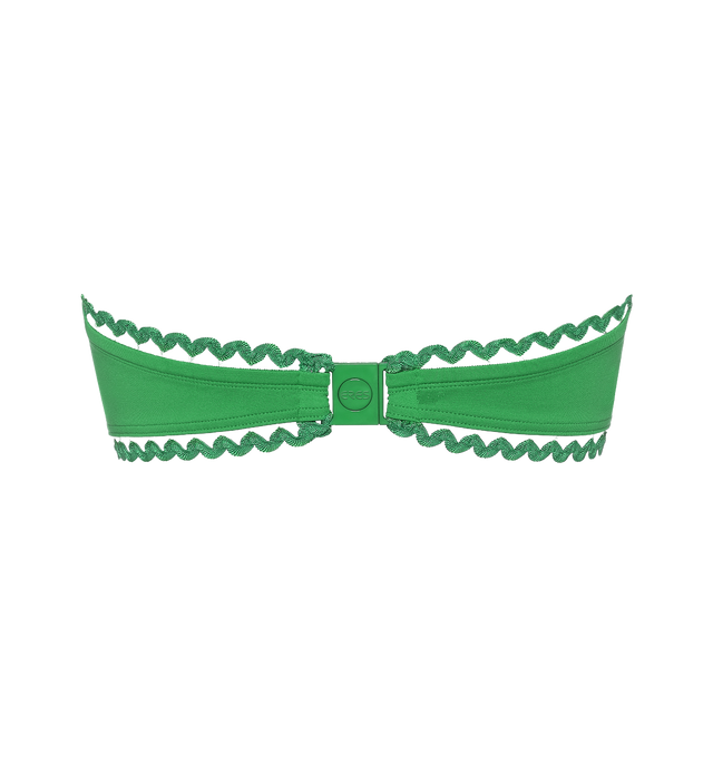 Image 2 of 6 - GREEN - ERES Mix Bandeau Bikini Top featuring bandeau bikini top, rick rack edge suspended by a nylon thread, side shirring, side stays and branded clasp. Main: 84% Polyamid, 16% Spandex. Second: 93% Polyamid, 6% Spandex, 1% Polyester. Made in France.  
