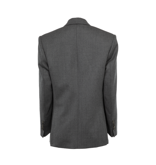 GREY - WARDROBE.NYC Double-Breasted Blazer featuring peak lapels, long sleeves with button cuffs, chest welt pocket, double-breasted button front, waist flap pockets nd back slits. 100% wool. Lining: 100% viscose.