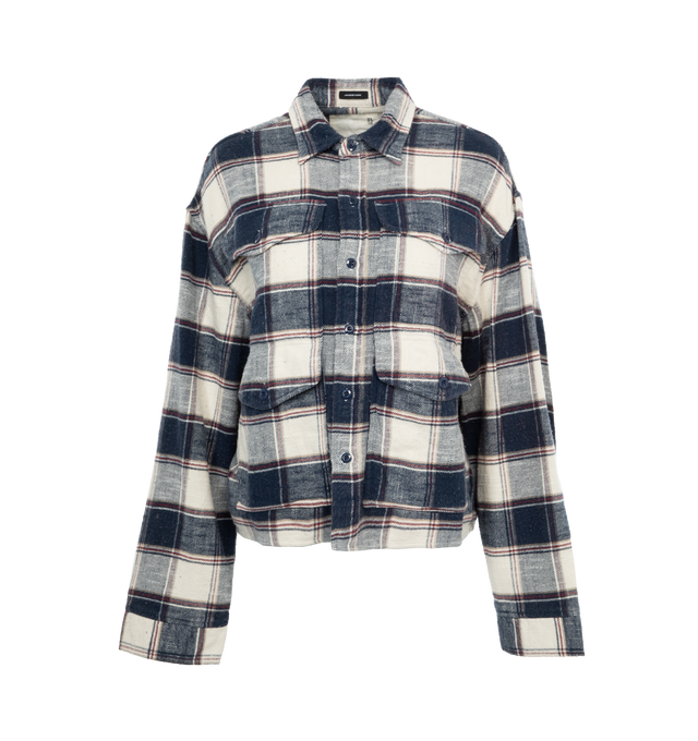 Image 1 of 3 - MULTI - R13 Cropped Multi-pocket Overshirt in Ecru Plaid featuring 4 enlarged pockets accross the front and built from Japanese slub 100% cotton.   