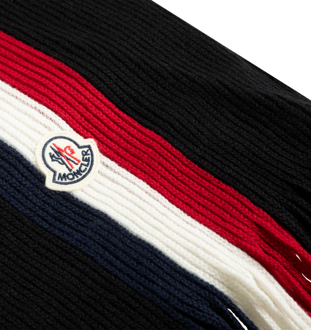 Image 2 of 2 - BLACK - MONCLER Tricolor Wool Scarf featuring ultra-fine wool, english rib knit, gauge 5 and logo patch. 100% virgin wool. 