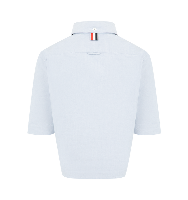 Image 2 of 3 - BLUE - THOM BROWNE Oxford Cropped Shirt featuring front button closure, short sleeves, classic collar, name tag applique and signature striped grosgrain loop tab. 100% cotton. Made in Italy. 