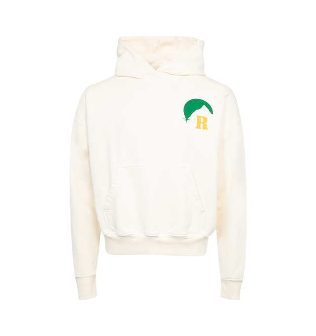 WHITE - RHUDE Moonlight Hoodie featuring logo graphic printed at chest and back, kangaroo pocket and rib knit hem and cuffs. 100% cotton.