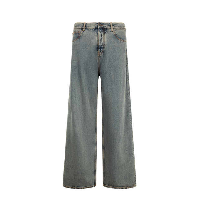 Image 1 of 3 - GREY - Amiri Men's Loose-Fit Jeans are crafted from indigo blue cotton denim with a washed finish. Cut for a loose fit, they feature classic five-pocket styling, a rear logo patch, belt loops, and a button-and-zip fly. Main Material: 100% Cotton. 