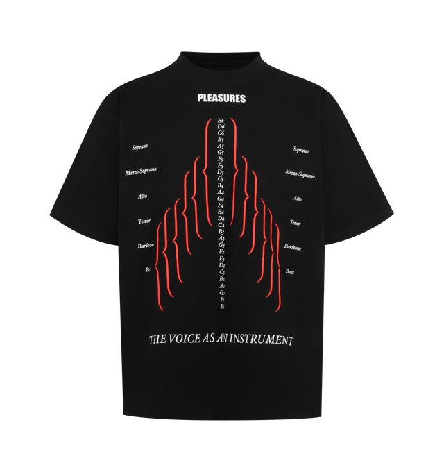 Image 1 of 2 - BLACK - Pleasures Mens Relaxed Heavyweight T-Shirt is crafted from heavyweight cotton jersey. Features a relaxed fit, crew neck, printed logo at the front chest, and running stitch embroidery on the back. Main Material: Cotton. Made in China. 