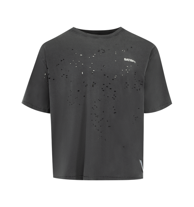 Image 1 of 3 - AGED BLACK SAB - SATISFY MothTech T-Shirt featuring short sleeves, crew neck, weathered with each hole that is laser-cut and hand-opened to creating airflow, logo in puffy ink, stealth-reflective SATISFY logo and fully detachable care label on the outside. 100% cotton. 