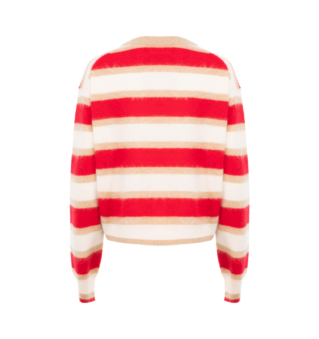 Image 2 of 2 - RED - GUest in Residence Grizzly stripe crewneck sweater in a cropped length. Crafted from100% cashmere in a light-weight knit with a grizzly brushed effect. Features ribbed hem, cuffs and neck trim and signature GIR branding at center back neck. Premium cashmere sourced from inner Mongolia, manufactured in China. 