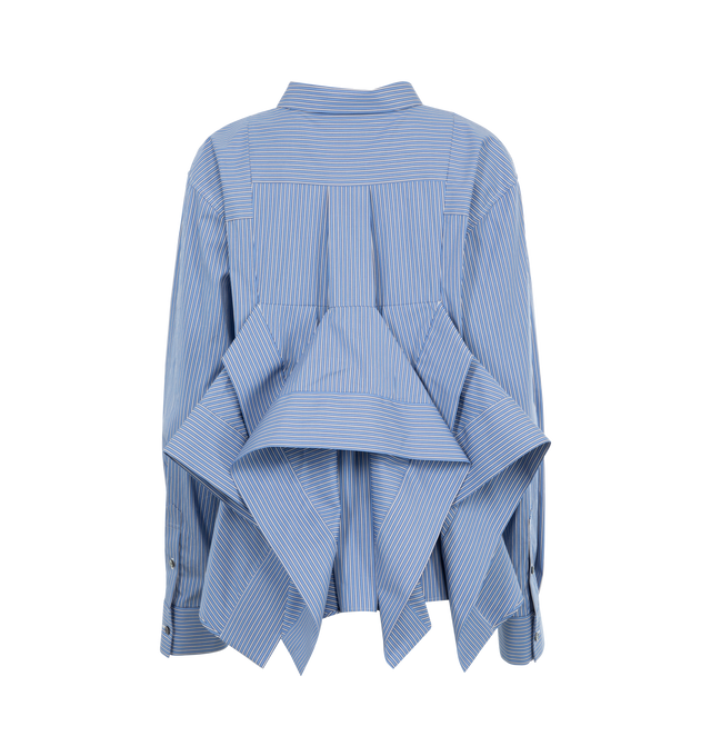 Image 2 of 2 - BLUE - SACAI Poplin Shirt featuring spread collar, concealed button closure, patch pocket at chest, long sleeves, button cuffs and frill detail at back. 100% cotton. Made in Japan. 