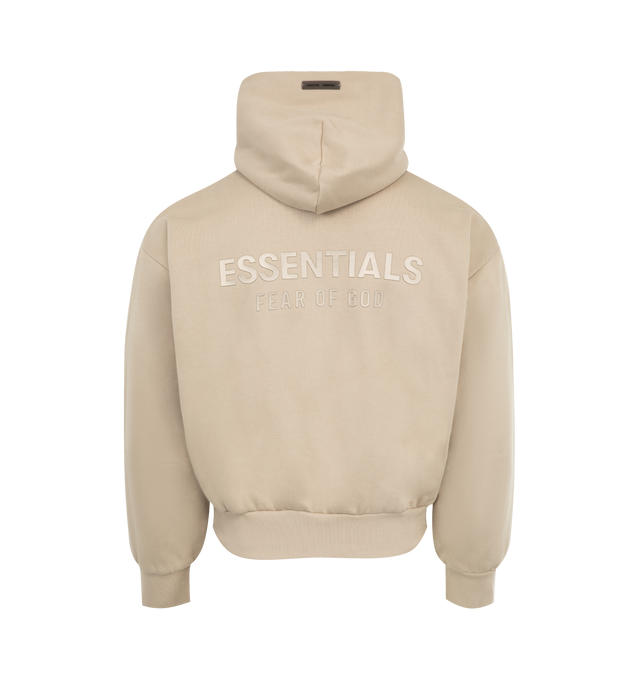 Image 2 of 2 - BROWN - FEAR OF GOD ESSENTIALS Classic Fleece Hoodie featuring 380gsm core fleece, classic fit with signature Fear of God relaxed proportions, new "Essentials Fear of God" beveled metallic logo is branded across the back, double-layer hoodie, kangaroo pocket, rib-knit cuffs, waist-hem and rubberized label on the hood and sleeve. 80% cotton, 20% polyester fleece. 