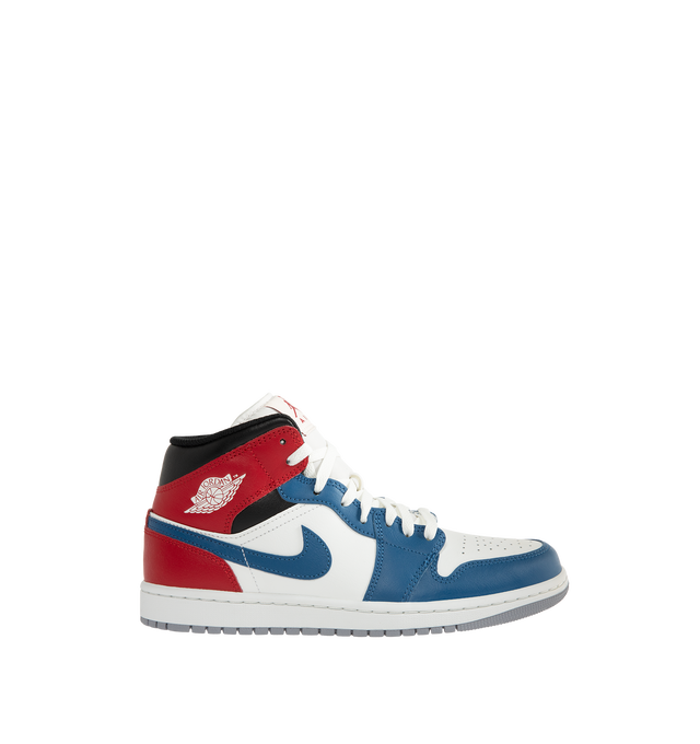 Image 1 of 5 - MULTI - Men's Air Jordan 1 Mid Sneakers feature a leather, synthetic leather, and textile upper with the iconic mid-top silhouette for a timeless heritage look. These lifestyle sneakers combine lightweight Nike Air cushioning, a foam midsole, and a durable rubber outsole with a pivot-circle traction pattern for lasting comfort, support, and reliable grip. Main Material: Leather, Synthetic Leather, and Textile. Midsole: Foam with Nike Air Cushioning. Sole: Rubber. 