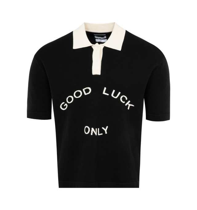 Image 1 of 2 - BLACK - MR. SATURDAY Knit Polo Shirt featuring standard fit, contrast spread collar, short sleeves and intarsia knit graphic on front. 93% cotton, 7% cashmere.  