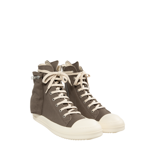 Image 2 of 5 - GREY - Rick Owens DRKSHDW Cargo Sneakers in dust brown overdyed 13oz. denim. Above-the-ankle height featuring eight eyelets, laces, side zipper, zippered cargo pocket on the outer ankle, rubber toe caps and shark-tooth rubber soles. 100% cotton upper, 70% polyurethane + 30% viscose toe, 100% cotton lining, rubber sole. 