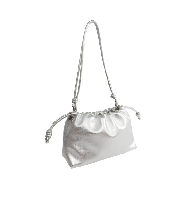 Image 3 of 4 - SILVER - Loewe Medium Flamenco purse in laminated lambskin, defined by a ruched design with key details such as the signature knots at the sides and the donut chain. This medium version is crafted in laminated lambskin. Shoulder, crossbody or hand carry with detachable and adjustable leather strap and detachable donut chain adorned with an Anagram Pebble. Features magnetic closure, suede lining and embossed LOEWE. Height 7.9 X Width 11.8 X Depth 4.1 inches. Made in Spain. 