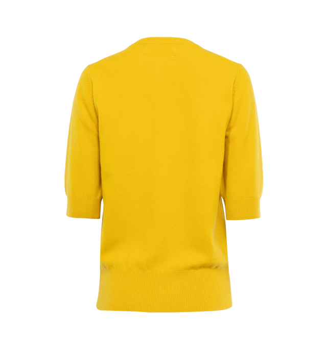 YELLOW - EXTREME CASHMERE Well Sweater featuring cashmere blend, knitted construction, round neck, short sleeves, ribbed cuffs and hem, signature embroidered-detail to the cuff and pull-on style. 88% cashmere, 10% nylon, 2% spandex/elastane.