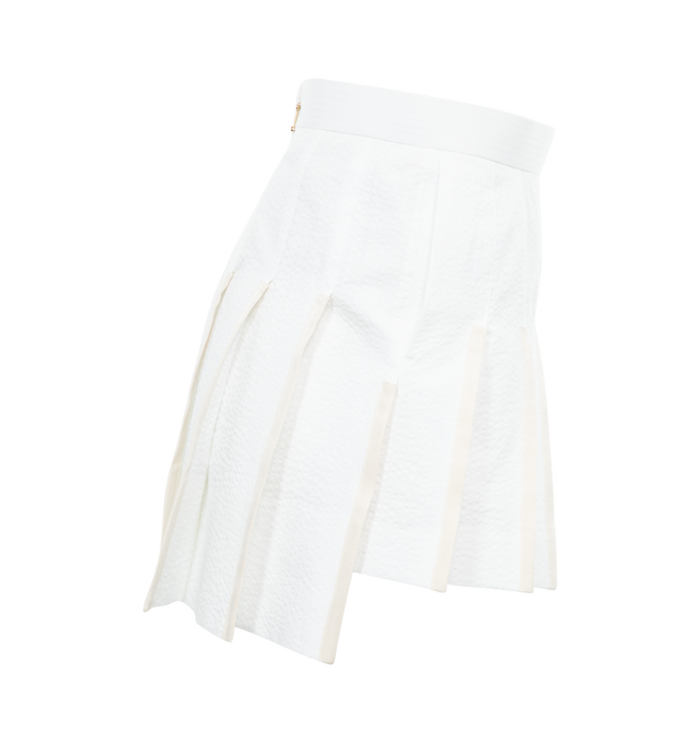 Image 3 of 3 - WHITE - THOM BROWNE Low Rise Mini Pleated Skirt featuring stiff cotton seersucker, back zip-up closure, signature grosgrain lined trim and signature grosgrain loop tab. 100% cotton. Made in Italy. 