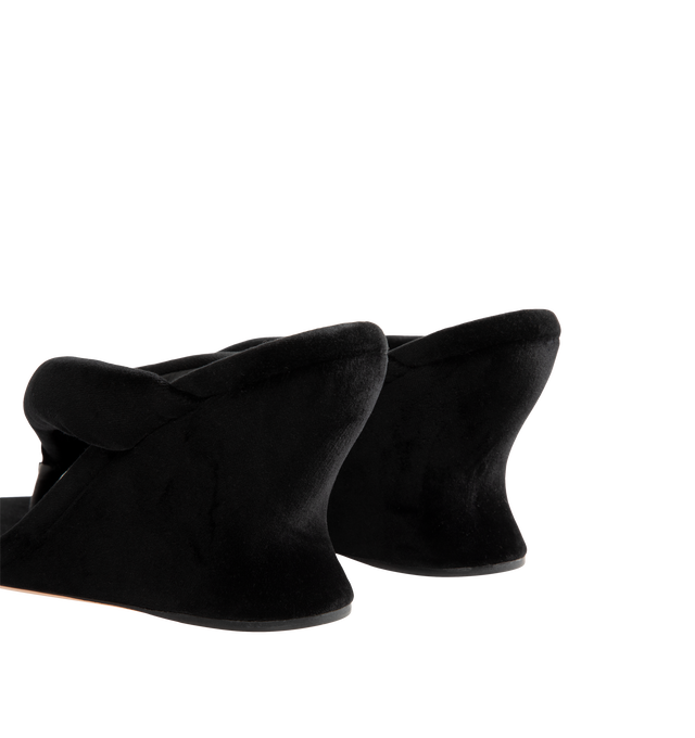 Image 3 of 4 - BLACK - Balenciaga Womens Gaeta Wedge Thong Sandals are crafted from a plush stretch velvet material. Feature a round toe, padded thong strap, slip-on design, 90mm arch wedge heel, and leather sole. Upper: cotton, viscose, elastane, Sole: calfskin, Insole: cotton, viscose, elastane. Made in Italy. 
