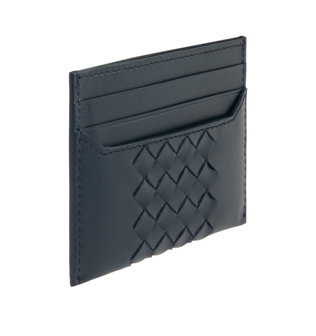 Image 2 of 3 - NAVY - BOTTEGA VENETA Intrecciato Piccolo Card Case featuring intrecciato piccolo calfskin leather card case with smooth sides, four card slots and one central pocket. 3.1" x 4.1" x 0.2". Calfskin. Made in Italy. 