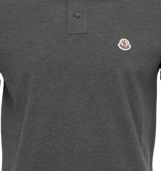 Image 3 of 3 - GREY - MONCLER Logo Polo Shirt featuring collar, button placket closure, short sleeves and felt logo patch. 100% cotton. Made in Turkey. 