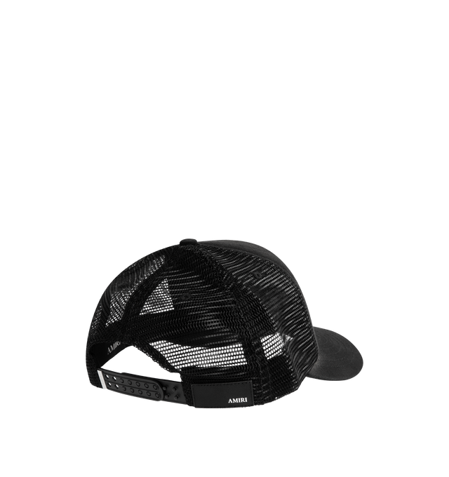 Image 3 of 3 - BLACK - AMIRI Hollywood Embroidered Trucker Hat featuring sun-faded cotton trucker hat, gothic embroidery and adjustable snapback strap. 100% cotton. Made in the USA. 