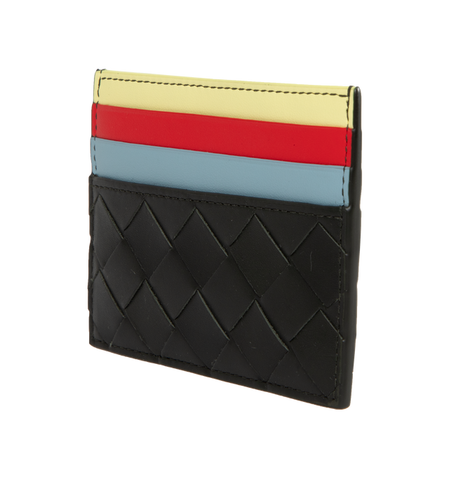 Image 2 of 3 - BLACK - BOTTEGA VENETA Intrecciato Credit Card Case featuring intrecciato calfskin leather card case with multicolour interior, six card slots and one central pocket. 3.1" x 4.1" x 0.2". Calfskin. Made in Italy.  