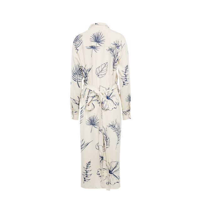 Image 2 of 2 - WHITE - THE ELDER STATESMAN Botanic Shirt Dress featuring all over floral screen print, belt and button closure, long sleeves, midi length and collar. 55% cotton, 45% silk.  