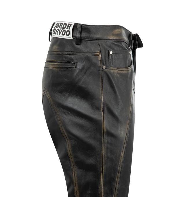 Image 3 of 3 - BLACK - WHO DECIDES WAR Rub Off Leather Moto Pant featuring a slim straight fit with rub off leather technique, original stained glass motif is patterned on both the front and back of each leg, with reinforced knee panels. 100% cowhide. 