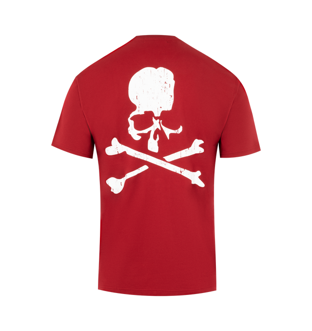 Image 2 of 2 - RED - MASTERMIND JAPAN Logo T-Shirt featuring rib knit crewneck, logo printed at front and back, logo flags at hem, tennis-tail hem and detachable logo-printed straps at interior. 100% cotton. Made in Japan. 