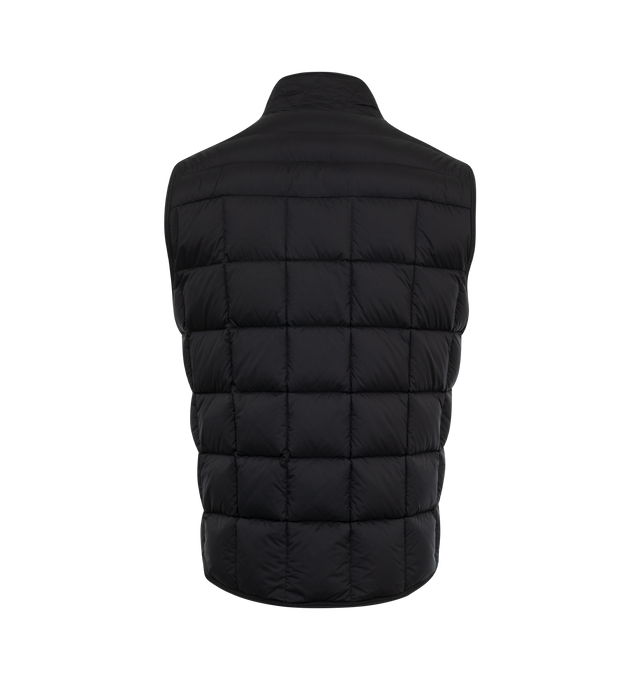 BLACK - MONCLER Estagnous Vest featuring boudin and square quilting, tonal twill chest panel, stand collar, two-way zip closure, chest flap pocket with tonal logo patch, side zip pockets and sleeveless. Nylon/polyamide/virgin wool. Goose down/feather fill. Lining: nylon. Made in Romania. 