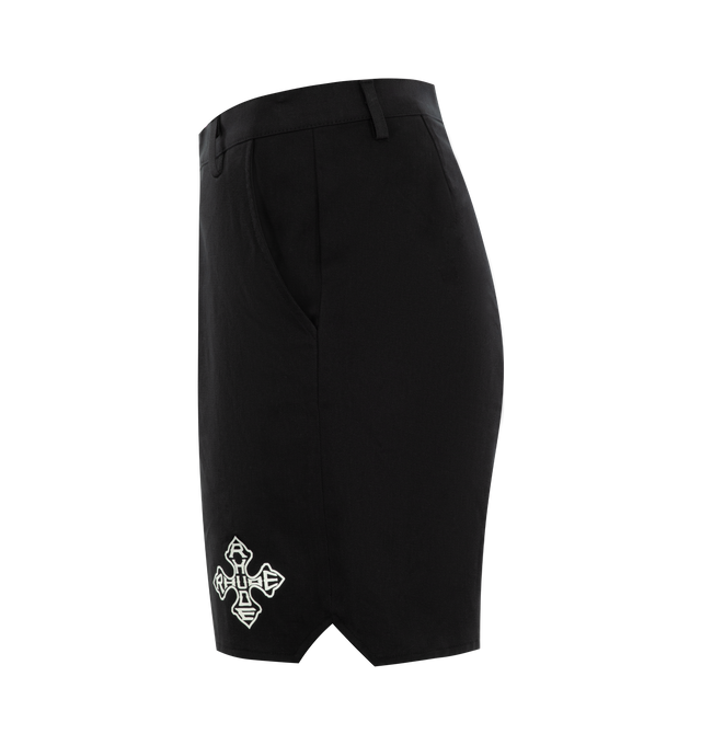 Image 3 of 3 - BLACK - RHUDE Cross Logo Twill Shorts featuring Rhude cross motifs on the side and front, belt loops, side slit pockets, zip fly and button-front closure. 100% cotton. 