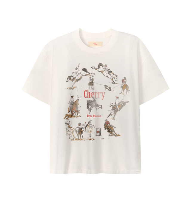 Image 1 of 5 - CREAM - Cherry LA Men's Pro Rodeo Classic T-Shirt is crafted from cotton and features a classic-fit silhouette with a rib-knit crew neckline and short sleeves. Designed with a screen-printed graphic at the front, this everyday essential channels Western-inspired style through Cherry LA's signature graphic aesthetic. Main Material: Cotton. Made in Los Angeles, California. 