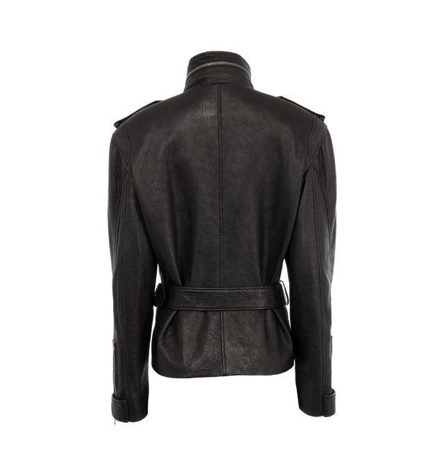 Image 2 of 3 - BLACK - SAINT LAURENT Lambskin Short Jacket featuring concealed front zip closure, adjustable and detachable d-ring belt, two zip pockets at front, one inner patch pocket, stand collar with stowaway hood, zip cuffs with snap button tab, padded shoulders and snap button epaulets. 100% lambskin. Made in Italy. 