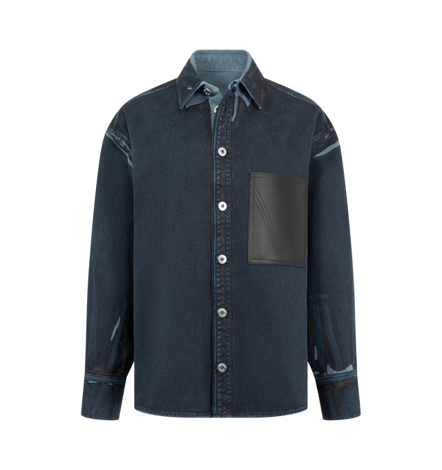 Image 1 of 2 - BLUE - Bottega Veneta Women's Overdyed Denim Shirt is crafted from overdyed, washed denim and features a relaxed-fit silhouette with a smooth leather pocket at the chest. Designed to combine workwear-inspired denim with the house's elevated craftsmanship, the shirt is finished with a rich overdyed treatment that enhances depth and texture. Main Material: 90% Cotton, 10% Lambskin. Made in Italy. 