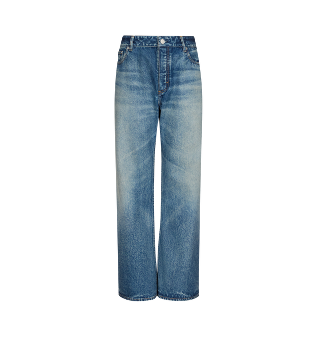Image 1 of 1 - BLUE - Alaa Women's Flare Denim Jeans are crafted from sandwashed denim and feature a mid-rise silhouette with a fitted leg that flares at the hem for a timeless, elongating shape. Designed with a five-pocket construction, zip fly and button closure, signature Alaa darts at the back and back pockets, and contrast tobacco topstitching, these designer jeans combine exceptional Japanese craftsmanship with the house's refined tailoring. Main Material: 100% Cotton Denim. Fit: Mid-Rise, Fitted Thro 