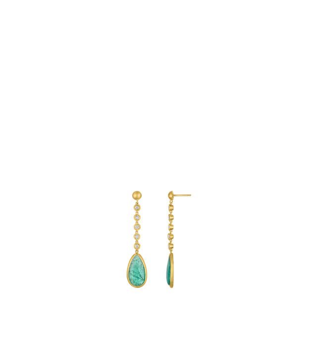 Image 3 of 3 - GOLD - Prounis Emerald and Diamond Drop Earrings are handcrafted from 22K yellow gold and feature tumbled emeralds accented with five diamonds. Total Diamond Weight: 2.3 carats. Dimensions: 56 mm x 13 mm. Handmade in New York. For personal consultation and detailed information about jewelry, please contact our dedicated stylist team at personalshopping@hirshleifers.com.This item may be restricted for online purchase to international clients. For assistance purchasing this item please contact  