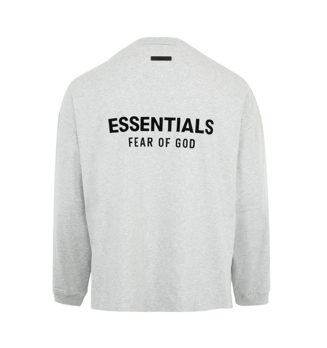 Image 2 of 2 - GREY - Fear of God Essentials long sleeve T-Shirt crafted from 100% cotton jersey. Featuring an oversized fit, ribbed crew neck, long sleeves with dropped shoulders, a classic crew neck, a rubber brand label at the upper back, and a Fear of God Essentials graphic on the front chest and accross the back. 