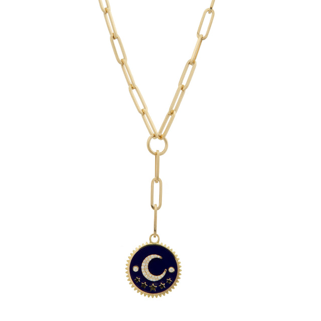 GOLD - FOUNDRAE Blue Crescent Champleve Classic Fob Clip Extension Chain Necklace featuring 18K gold, 0.19 carat diamond, measures 20" long, 20 mm Medallion and lobster clasp.