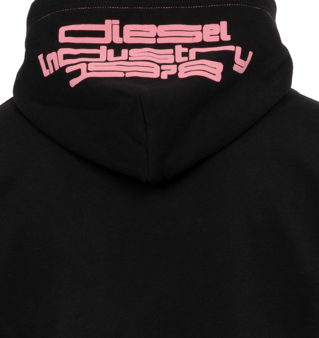 BLACK - DIESEL S-Boxt Hood N5 Sweatshirt featuring black and white patch on the front, a pink logo print on the hood, a kangaroo pocket as well as long sleeves and ribbed trims on the bottom hem and cuffs. 100% cotton.