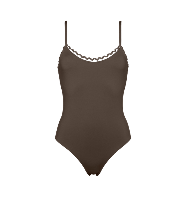 Image 1 of 6 - GREY - ERES Fantasy One-Piece Tank Swimsuit featuring thin straps, rick rack edge suspended by a nylon thread around the neckline, upper back, underarms with a round deep back. Main: 84% Polyamid, 16% Spandex. Second: 93% Polyamid, 6% Spandex, 1% Polyester. Made in France. 