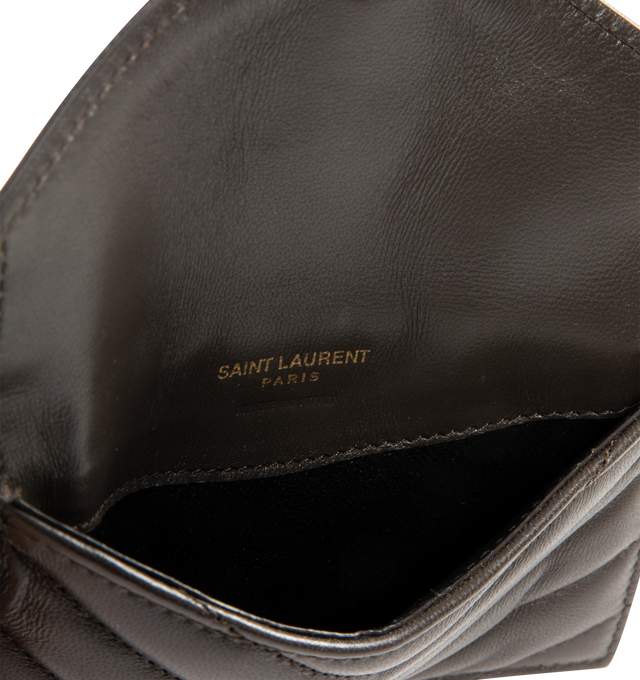 Image 3 of 3 - GREEN - SAINT LAURENT Zip Card Case with flap in soft nappa leather, decorated with the CASSANDRE and chevron-quilted topstitching, leather lining, gold-toned hardware, snap-button closure, one zip coin pocket and five card slots. 5.1" x 3.1" x 0.7". Calfskin leather. Made in Italy. 